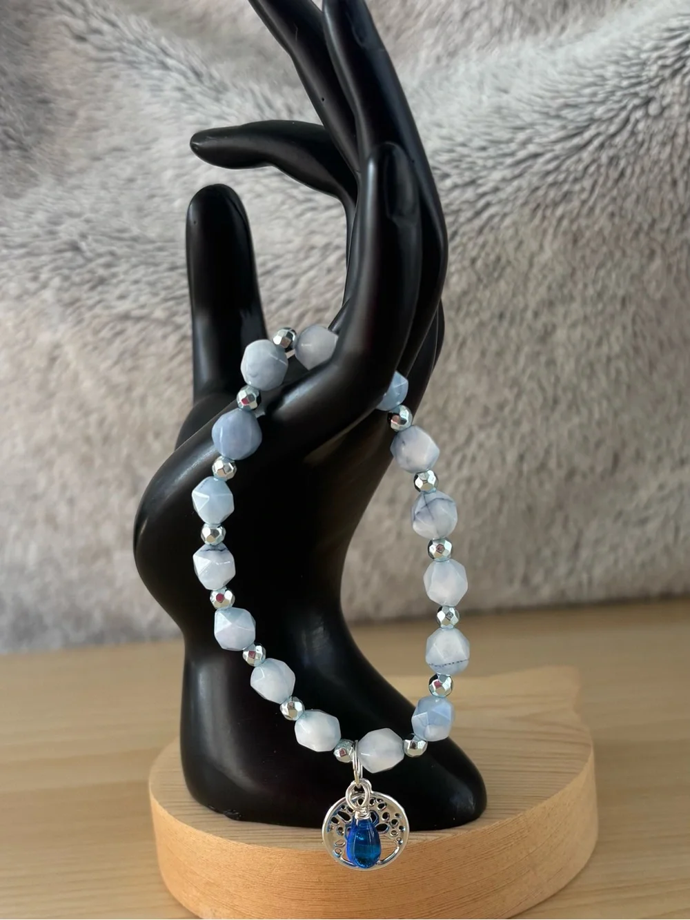 Blue Chalcedony & Blue Hematite Bracelet with Tree of Life